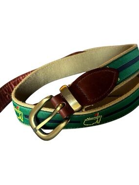 Masters Logo Green Striped Leather-Trim Belt Sz 34 Authentic